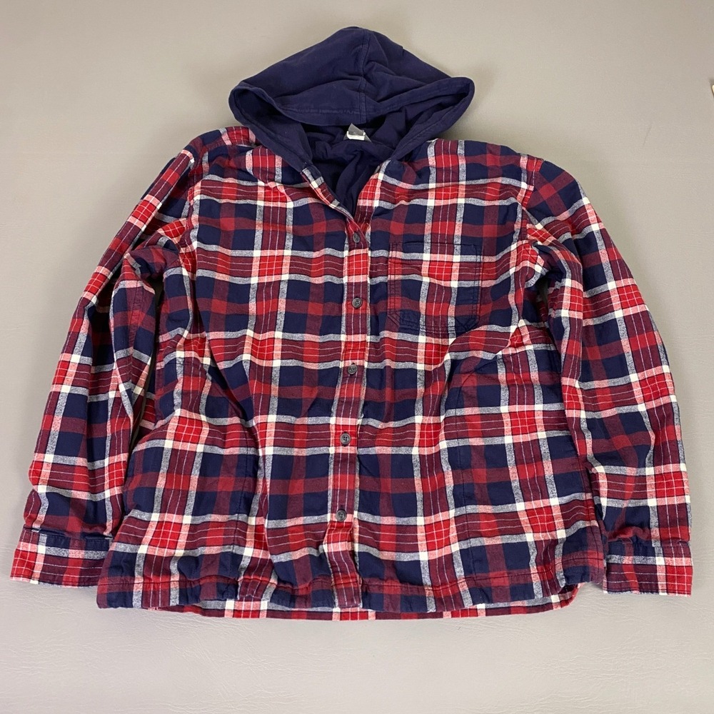 Eddie Bauer Flannel Women's TXL Plaid Button Up Shirt Hoodie Red Blue White